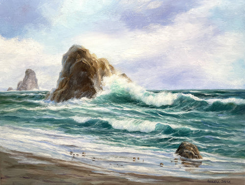 A painting of an oceanscape with blue-green waves rolling  onto the sand.  The waves are hitting large rocks as they roll in.  The sky is blue with white clouds.  There are whitecaps on the waves.  The colors are mostly shades of green and  blue with brown and white, also.    There are some small rocks scattered on the shore.  