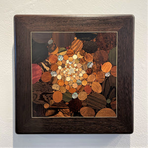 This is a wonderful piece of inlaid wood wall art.  It has more than 100 different round and roundish pieces all inlaid closely together to create an interesting abstract pattern.  The colors are mostly in shades of brown with black and bits of red, blue and green.  The shells add a touch of  iridescent color to the piece.  It has a dark brown wood border.