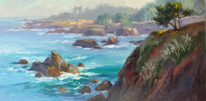 Ocean cove with rocky islands in a blue-green sea on a misty afternoon on the Mendocino Coast