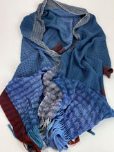 Load image into Gallery viewer, Handwoven, Hand Dyed, Shawl/Scarf in Blues and Brick
