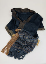 Load image into Gallery viewer, Handwoven Shawl/Scarf in Navy Gold and Tan
