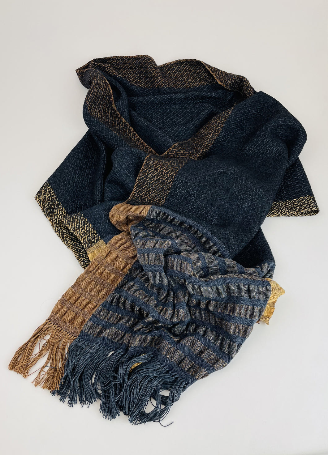 Handwoven Shawl/Scarf in Navy Gold and Tan