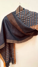 Load image into Gallery viewer, Handwoven Shawl/Scarf in Navy Gold and Tan
