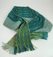 Load image into Gallery viewer, Handwoven Pleated Scarf in Teal and Lime
