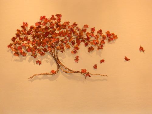 Oak tree red fall leaves bronze, copper wall sculpture