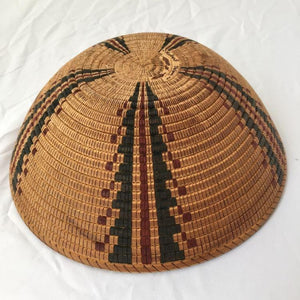 Bottom and side view turned and scored wood bowl, hand painted inside and out with an authentic black and red Yokut design, (from the Four Corners area) This looks like a woven Native American basket, but is not.