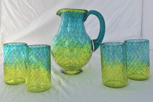 hand-blown aqua and lime pitcher and tumblers bullicante-with evenly spaced bubbles