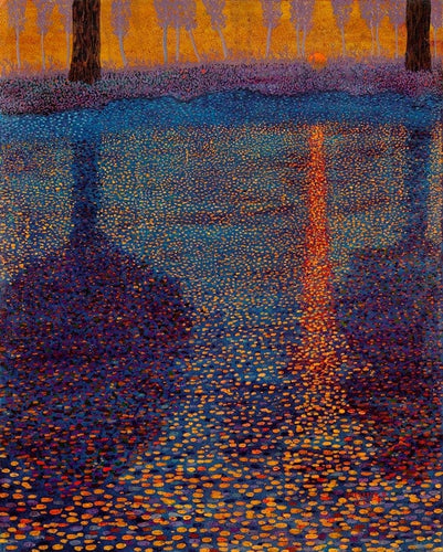 Sunglow over blue and purple water with trees