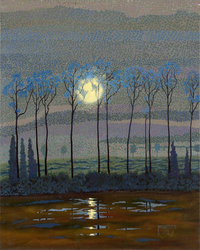 a mysterious moonlit night , full moon shining through thin trees and reflecting on  water in foreground, in blues and  russets.