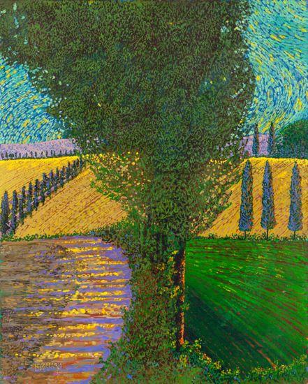 Tree lined path through green hills and golden fields, Italian cypress, with lavender shadows and a blue sky