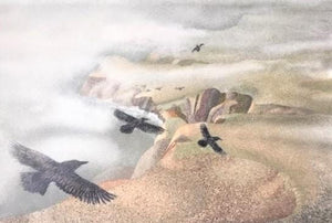 ravens soar over the headlands and misty ocean below. Print of sand painting, all natural hand-gathered sand..