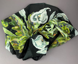 Calla Lilies on Black Silk Hand-Painted Wrap/Scarf