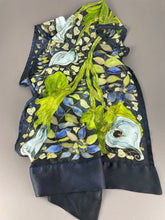 Load image into Gallery viewer, Calla Lilies on Blue-Black Silk Hand-Painted Wrap/Scarf
