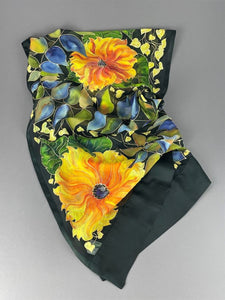 Sunflower Vine on Black Hand-Painted Silk Wrap/Scarf