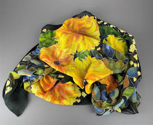 Load image into Gallery viewer, Sunflower Vine on Black Hand-Painted Silk Wrap/Scarf
