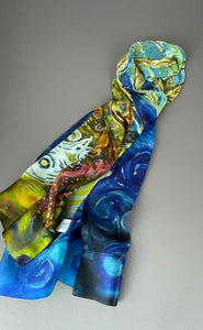 Hand painted silk scarf with "women" redwood tree forest, with a swirly night sky